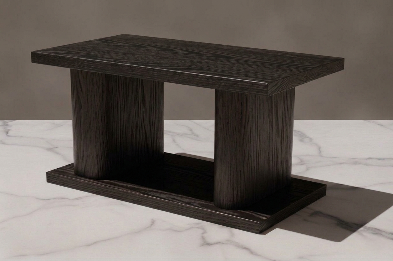 Mesa solid wood coffee table in Ebony Stained Oak – monolithic twin-pillar design – Artisan & Sons