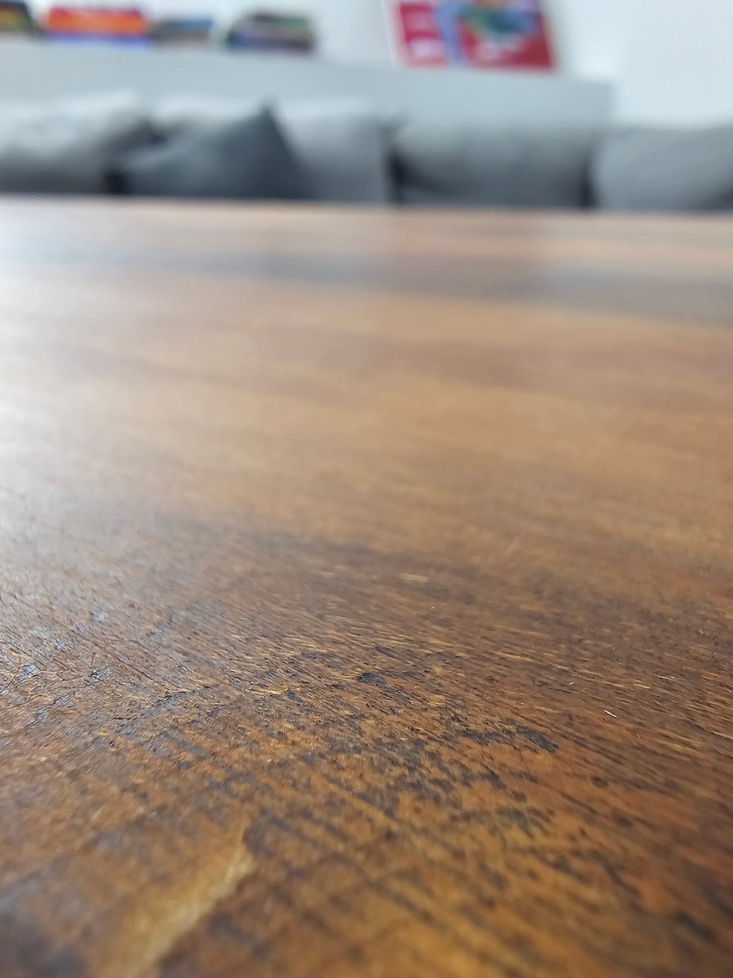 Birch Wood Coffee Table with Hairpin Legs, Rectangular Center Table, Natural Dark Honey with Black Nods