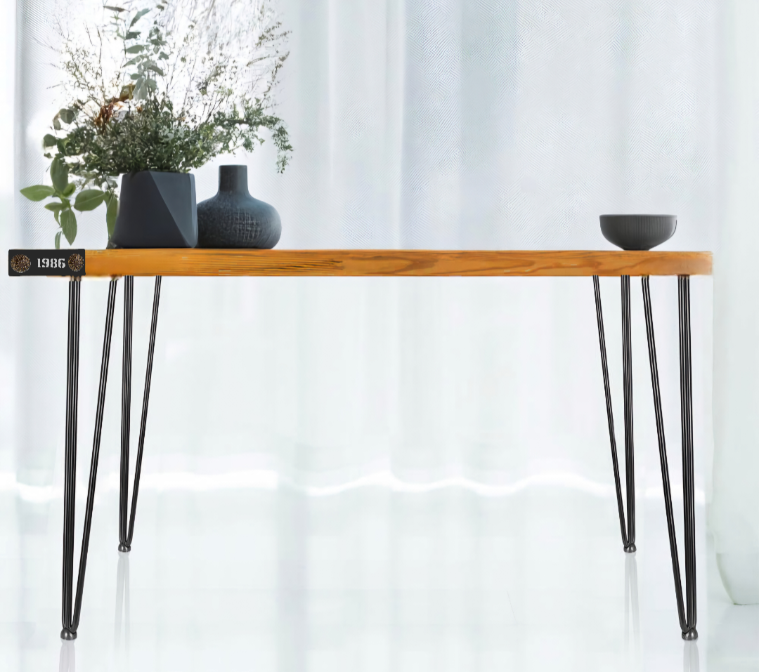 Birch Wood Coffee Table with Hairpin Legs, Rectangular Center Table, Natural Dark Honey with Black Nods