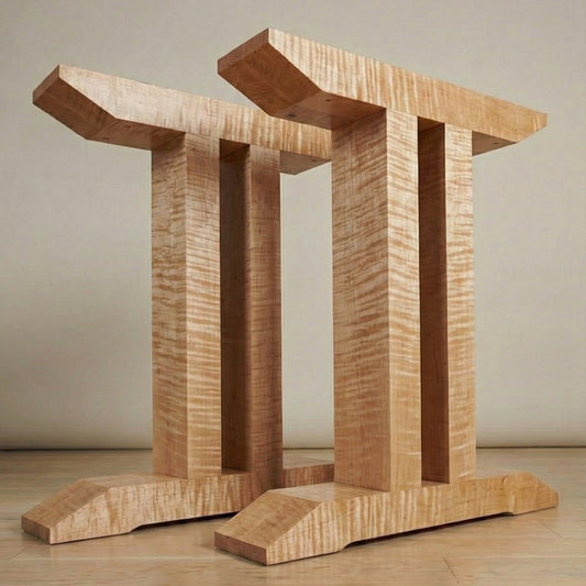 Geminis handcrafted table base in Burly Maple – pair shown – Artisan & Sons