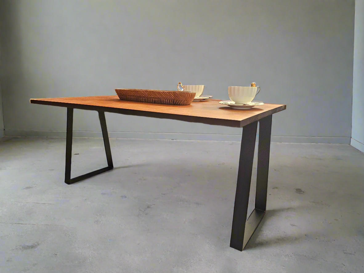 Solid Birch Coffee Table with Black Metal Trapezoid Legs – Natural Dark Honey Finish, 36"x20"