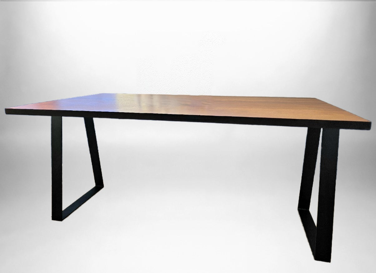 Solid Birch Coffee Table with Black Metal Trapezoid Legs – Natural Dark Honey Finish, 36"x20"