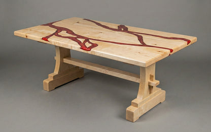 The Heritage solid wood trestle coffee table base mission style, styled room setting – Artisan & Sons