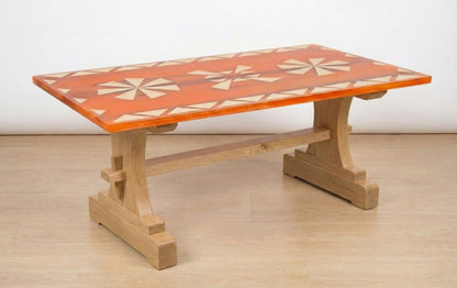 The Heritage solid wood trestle coffee table base mission style, close-up surface detail – Artisan & Sons