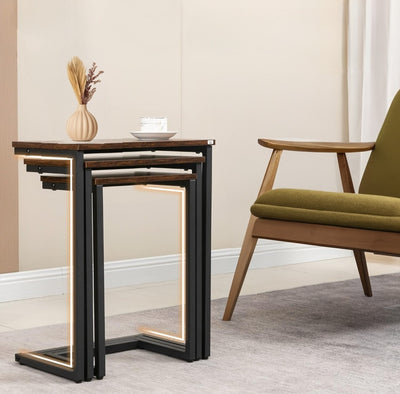 Set of 3 Nesting Side Tables C-Shaped Rustic Brown End Tables