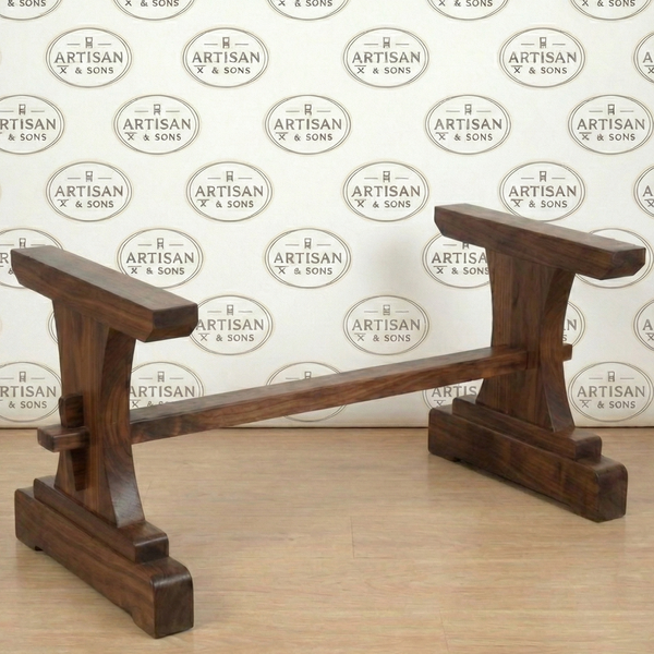 The Heritage solid wood trestle coffee table base mission style, white background product shot – Artisan & Sons