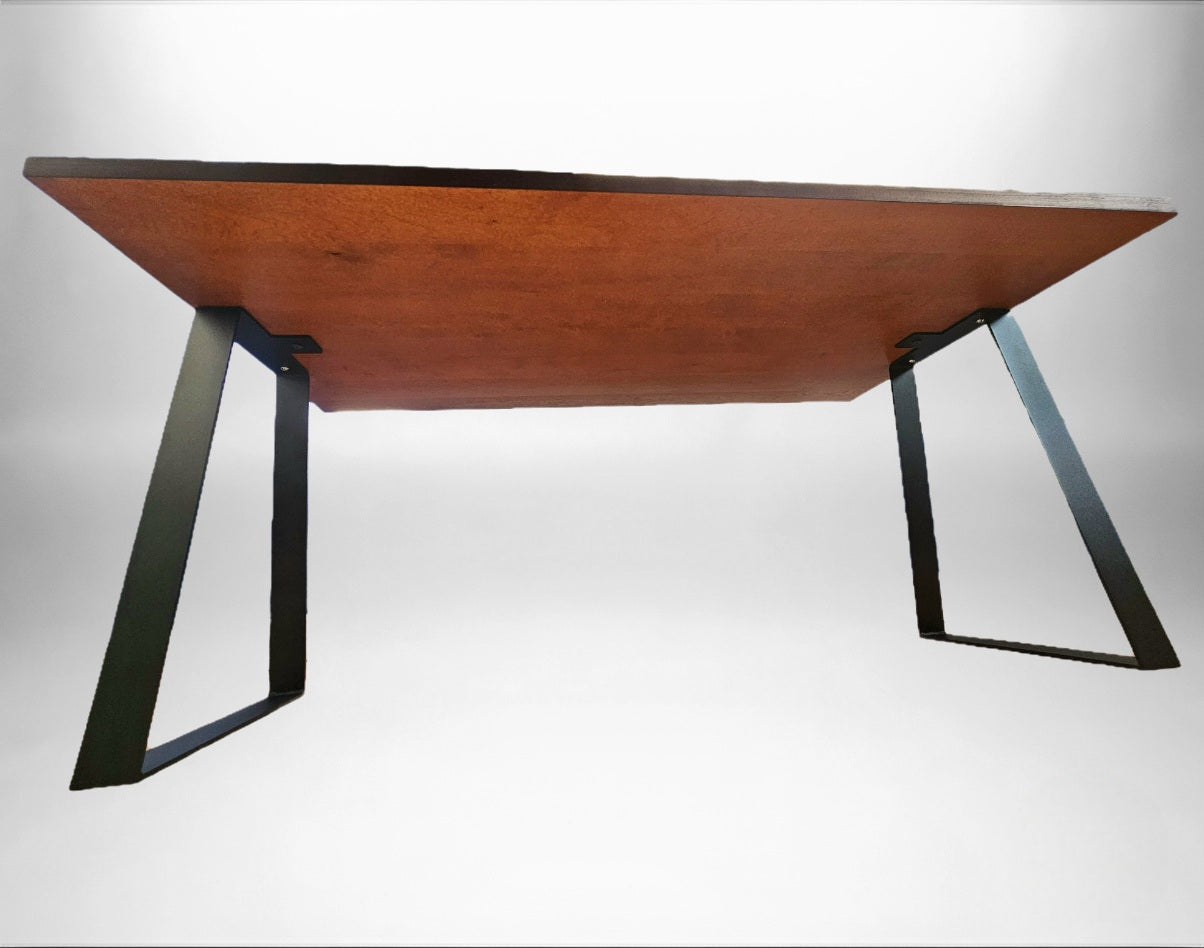 Solid Birch Coffee Table with Black Metal Trapezoid Legs – Natural Dark Honey Finish, 36"x20"